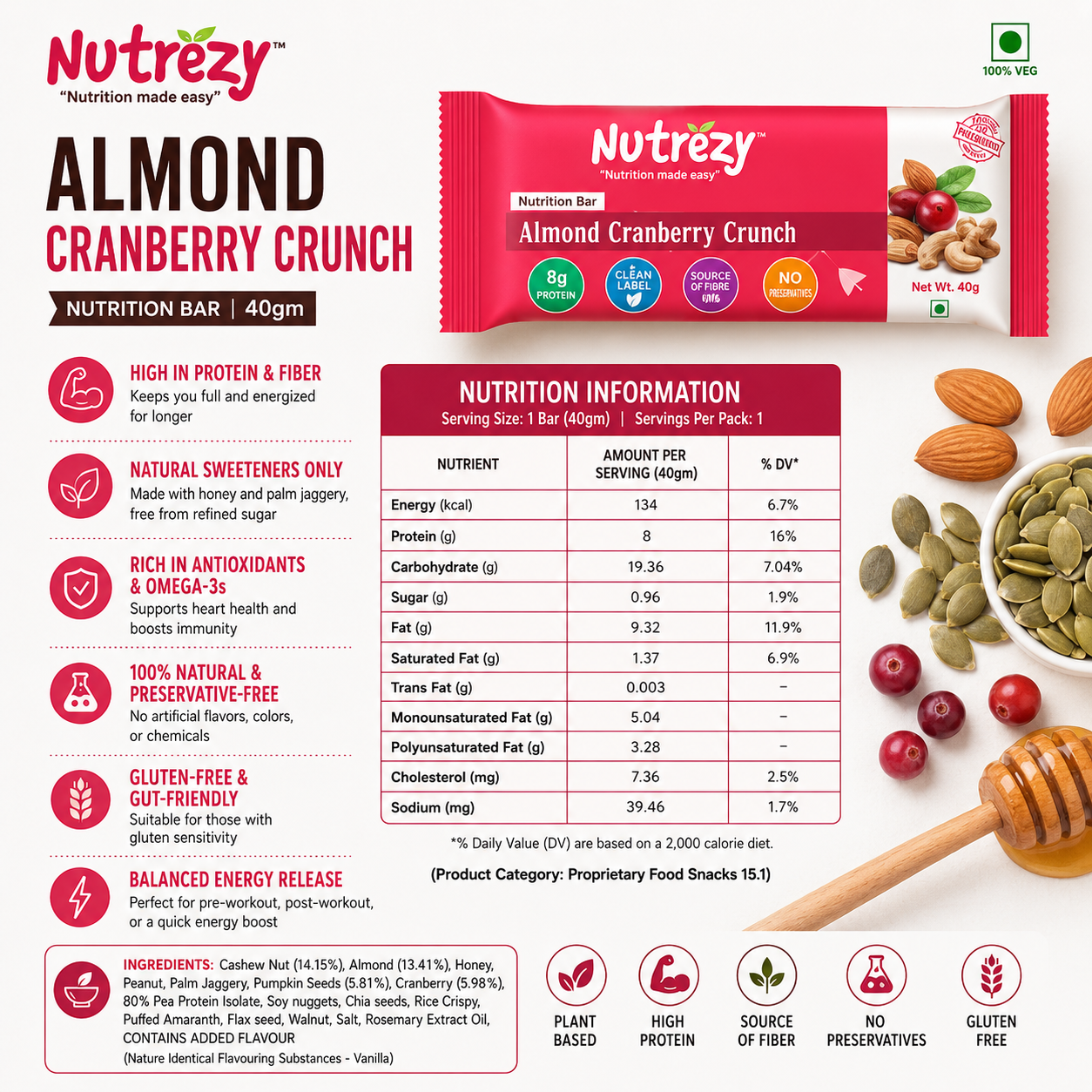 Almond Cranberry Crunch Bar Pack of 6 -240gm