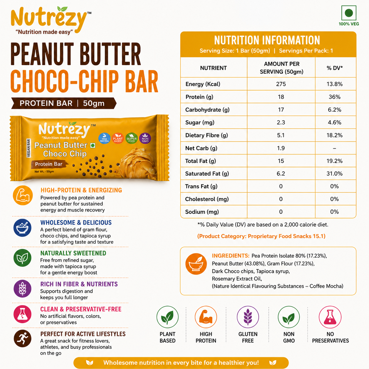 High Protein Peanut Butter Choco chip Bar 50gms